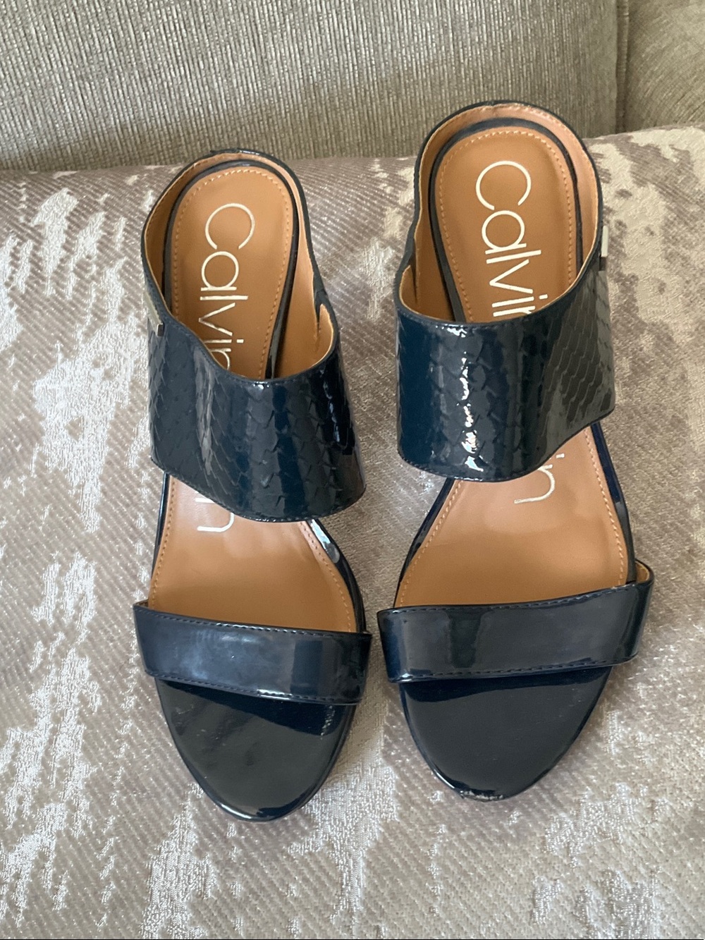 Calvin Klein Navy Patent Two-BaSlide Mules